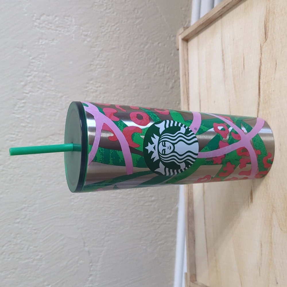 Starbucks Cold Iced Tumbler Metal Coffee Cup 24oz Straw Silver Green Red